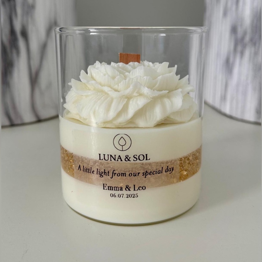 Personalized Wedding Candle – Peony Flower Soy and Gel Wax – Custom Label Gift